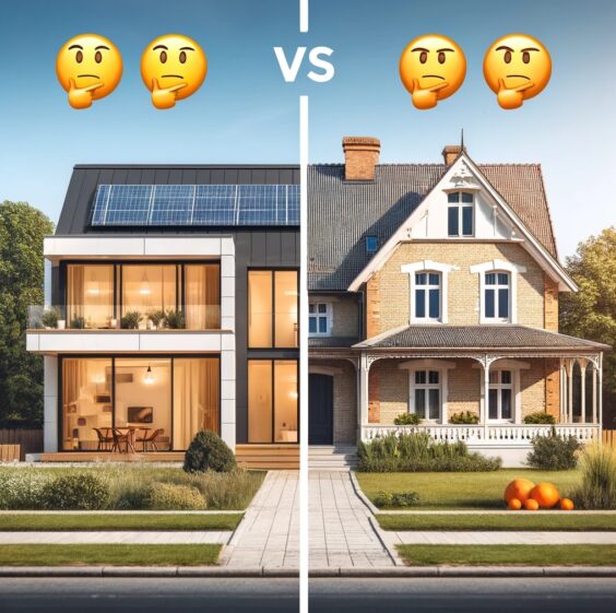 Srovnání novostavby a staršího domu - moderní novostavba se solárním panelem vs. starší dům s klasickou architekturou a cihlovým exteriérem