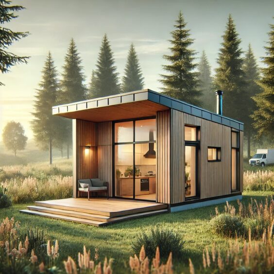 Moderní tiny house s velkými skleněnými okny, přírodními dřevěnými panely a kovovou střechou, umístěný na travnaté ploše. Dům má malou terasu s venkovním nábytkem, obklopený vysokými stromy a několika květinami. Scéna je poklidná s jemným slunečním světlem a klidnou atmosférou.