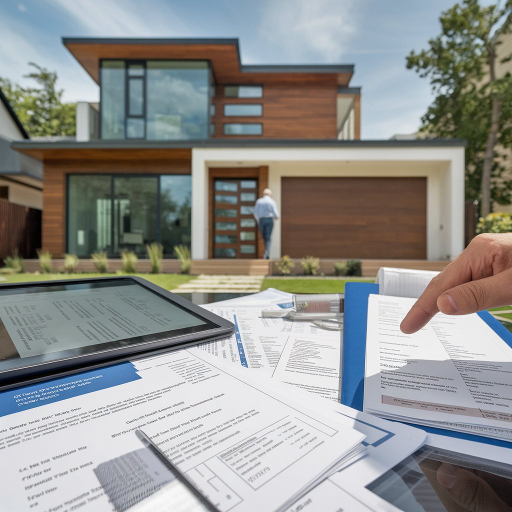 Moderní dům s rozloženými stavebními dokumenty a digitálním tabletem zobrazujícím elektronické záznamy. V pozadí majitel domu prohlíží budovu, zdůrazňující důležitost uchovávání stavební dokumentace dle nového zákona.