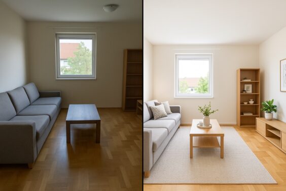 Porovnání fotografie před a po homestagingu a porovnání rozdílu laicky a profesionálně nafocené místnosti.